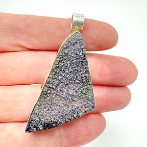 Estate Druzy Quartz Sterling Silver 925 Geometric Pendant Black Purple 16.72g